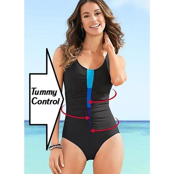 Slimming Swimsuit Womens 6 Tummy Control One Piece Swim Ruching Black Beach - Picture 1 of 9